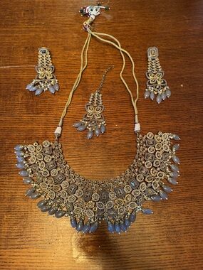 Silver-tone and Grey/Lavender Statement Necklace Set - Indian Jewelry